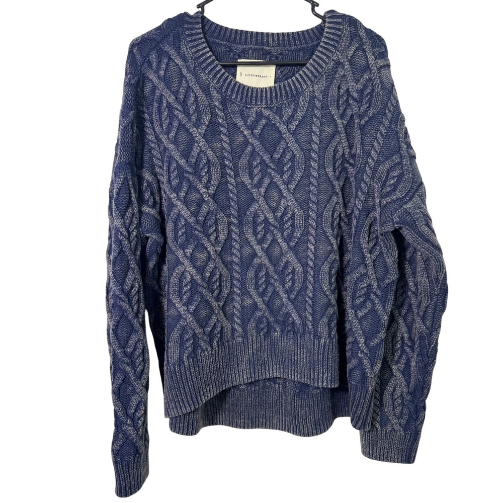 Lucky Brand Cable Knit Sweater Size Large Navy Acid Wash Fisherman Cabincore
